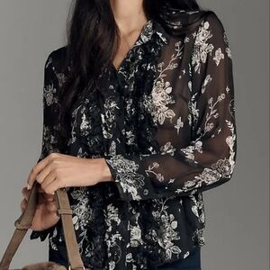Anthropologie Black and White Floral Blouse